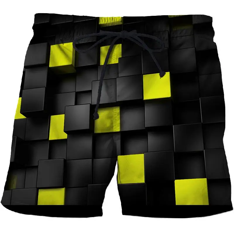 

2021 New Yellow Square Printed Summer Travel Beach Shorts Men Casual Board Shorts Plage Quick Dry Shorts Swimsuit DropShip