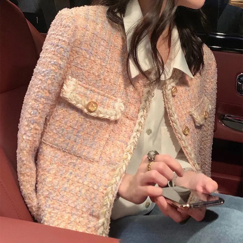 

Small Fragrance Elegant Tweed Jacket Women Office Lady Fashion Button Short Wool Coat Spring Autumn Vintage o Neck Loose Outwear