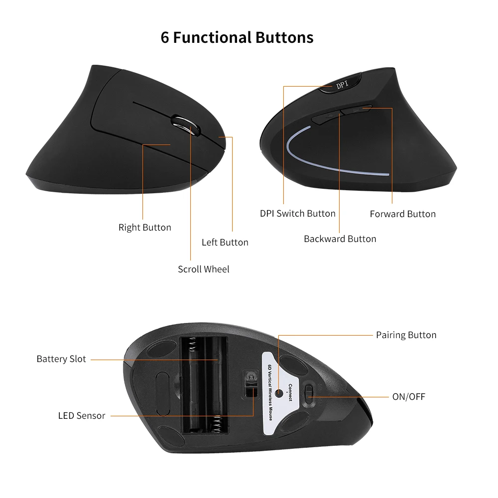 Мышь Bluetooth Вертикальная оптическая 800/1200/1600 DPI 6 кнопок|Мыши| |