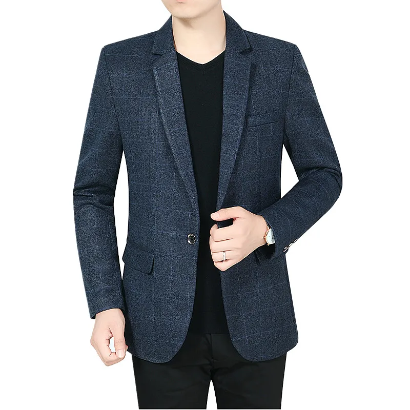 

Tuxedo Men Fall Suit Blazer Fashion Slim Plaid Coat Blue Gray Male Top S M L XL XXL XXXL Jaqueta Blaze