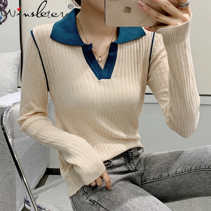 

Fall Winter Korean Style Knitted Sweater Fashion Color Block Turn-down Collar Slim Pullover Knitwear Tops Women 2021 New T19527A