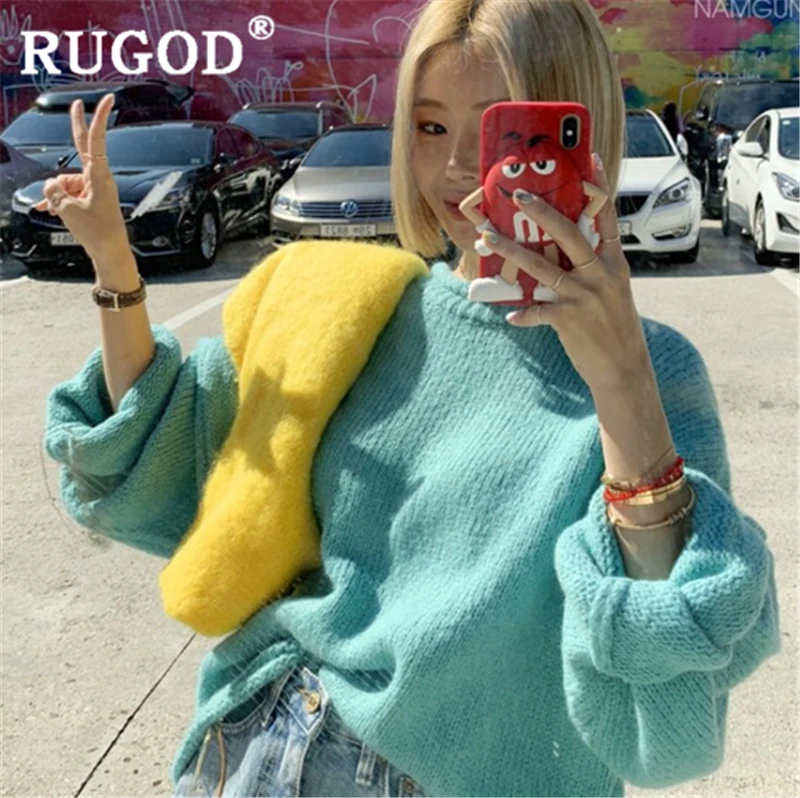 Женский свитер с круглым вырезом RUGOD Vinage однотонный Свободный пуловер рукавами