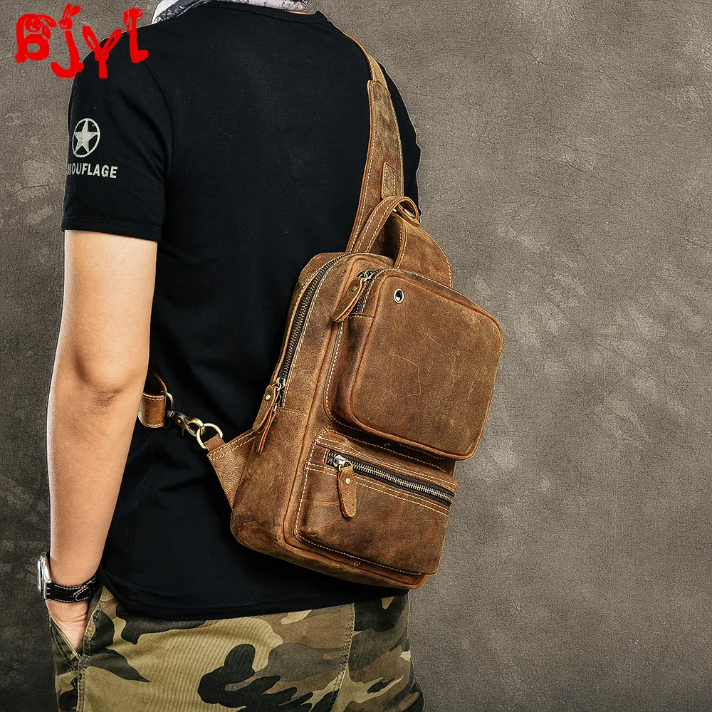 Retro Handmade Men's Shoulder Messenger Bag Men Chest Bag Crossbody Bags Multi-pocket Bag Crazy Horse Leather Head Layer Leather