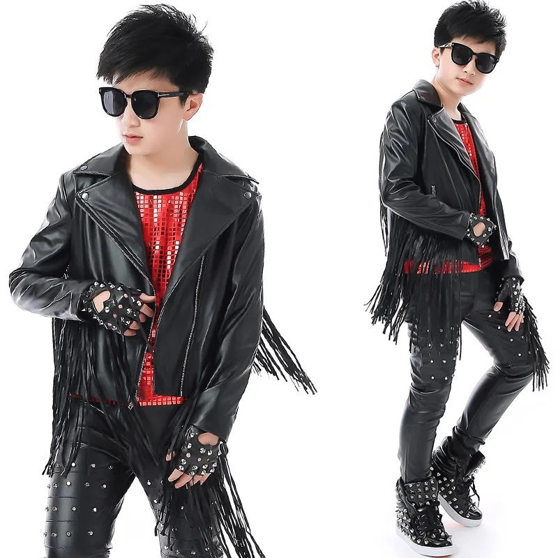 Новые костюмы в стиле хип-хоп черная кожаная куртка с кисточками брюки для