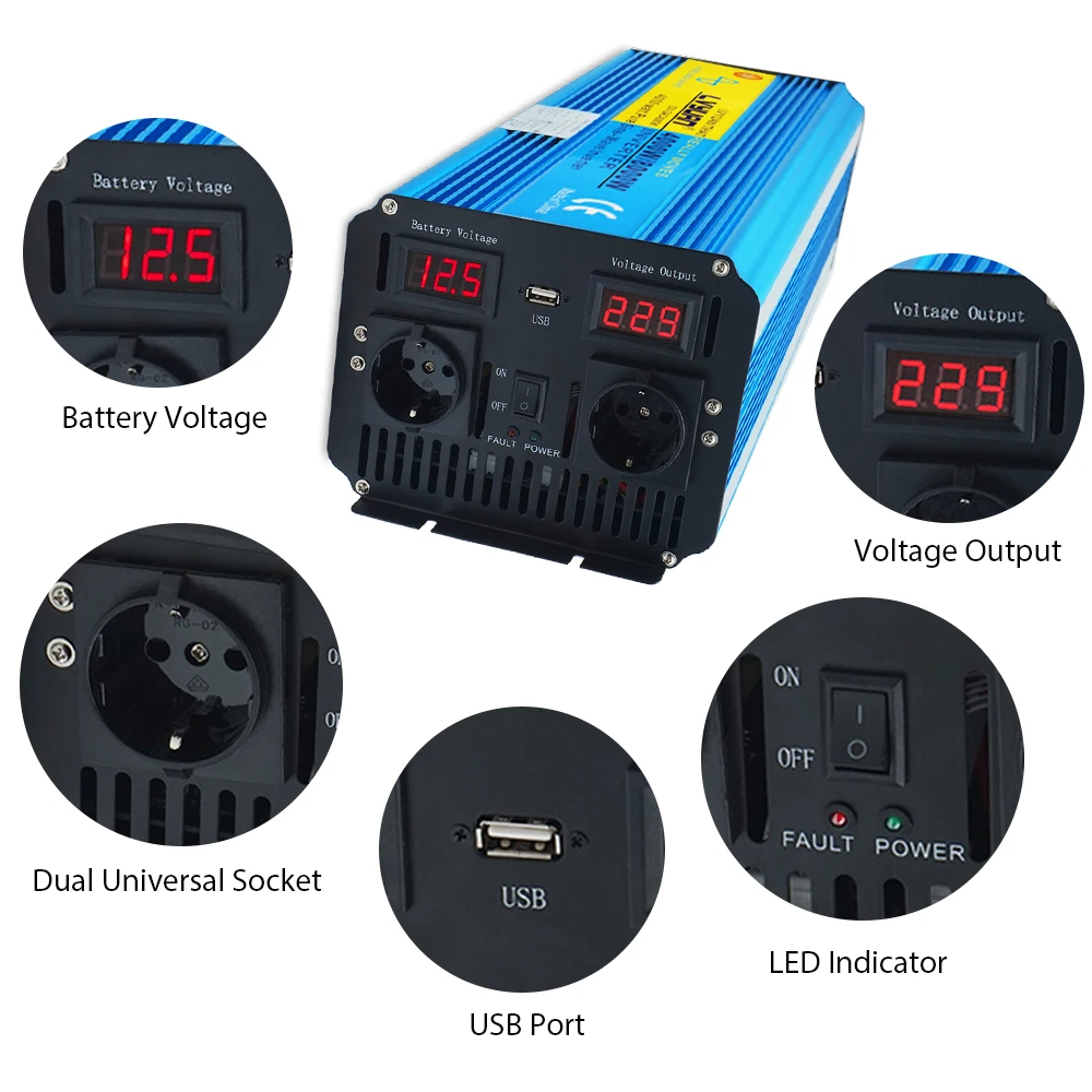 $269.99 Pure Sine Wave 8000W DC 12V/24V TO AC 220V/230V/240V solar power inverter with 3.1A USB dual LED display EU socket