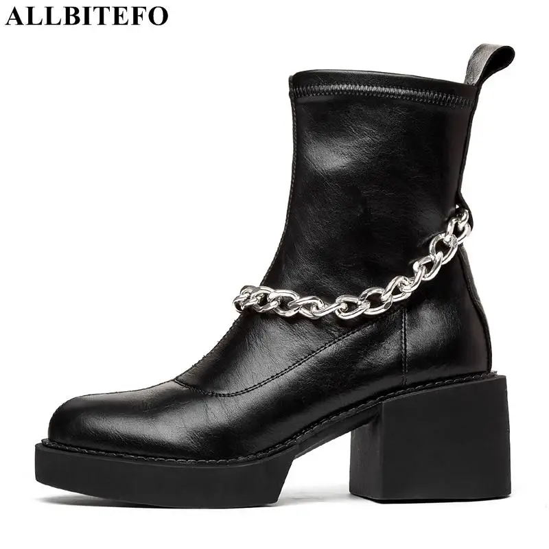 

ALLBITEFO Size 34-41 chain round toe thick heel genuine leather ankle boots non-slip winter women boots platform rain boots