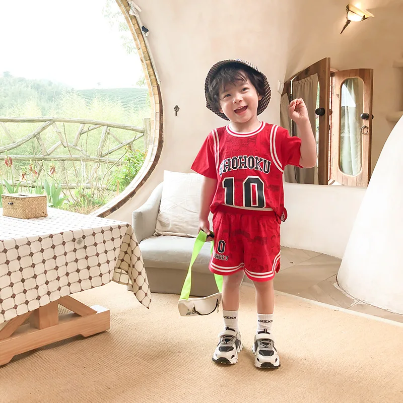 

Children's Set 2021 Summer New Boys and Girls Basketball Player Sets Slam Dunk Cartoon Same Style Sports Shorts Suits
