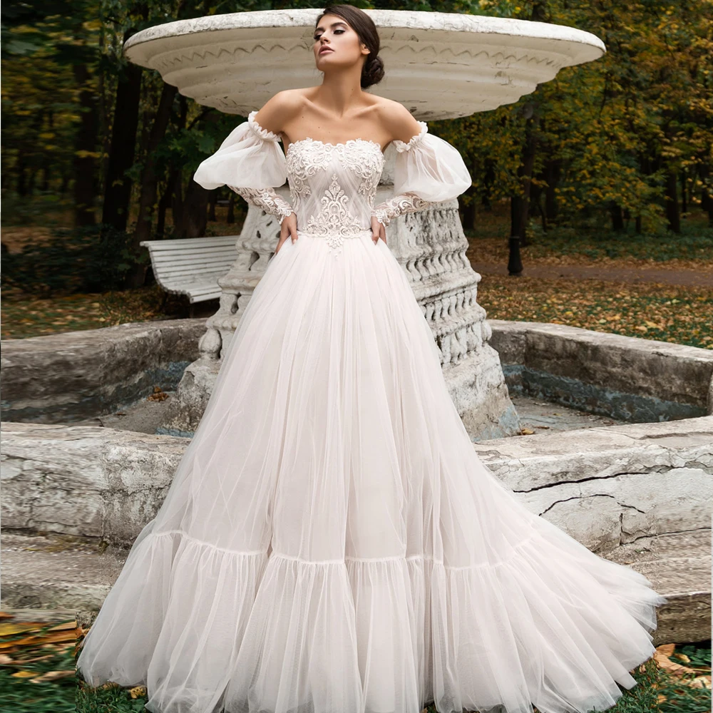 

ADLN Charming Strapless A-Line Wedding Dresses Appliqued Beaded Detachable Puff Sleeve Bridal Gown Robe de Mariee