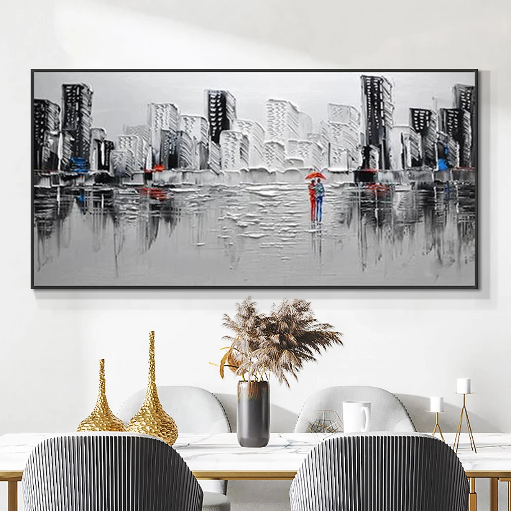 

Couple Walking In The Street With Umbrella Oil Painting 100% Handmade On Canvas Modern Building Wall Art For Home Decoration