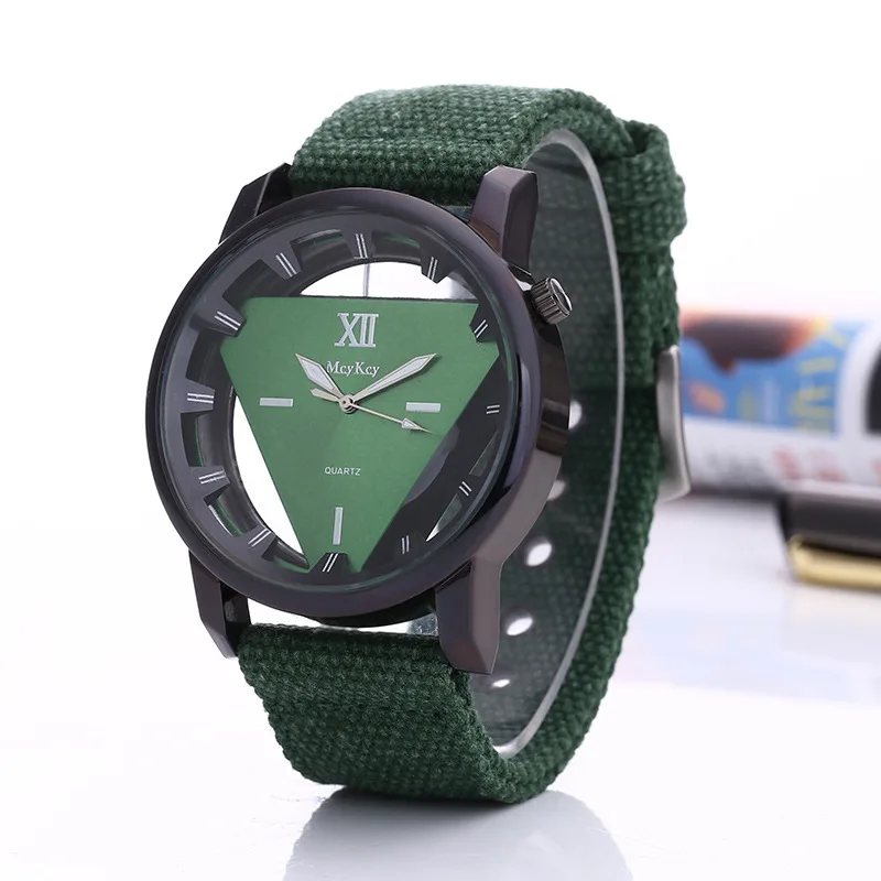

Sport Personality Simple Large Men Triangle Hollow Design Pointer Canvas Pin Buckle Watchwith Round Electronic Quartz Watch