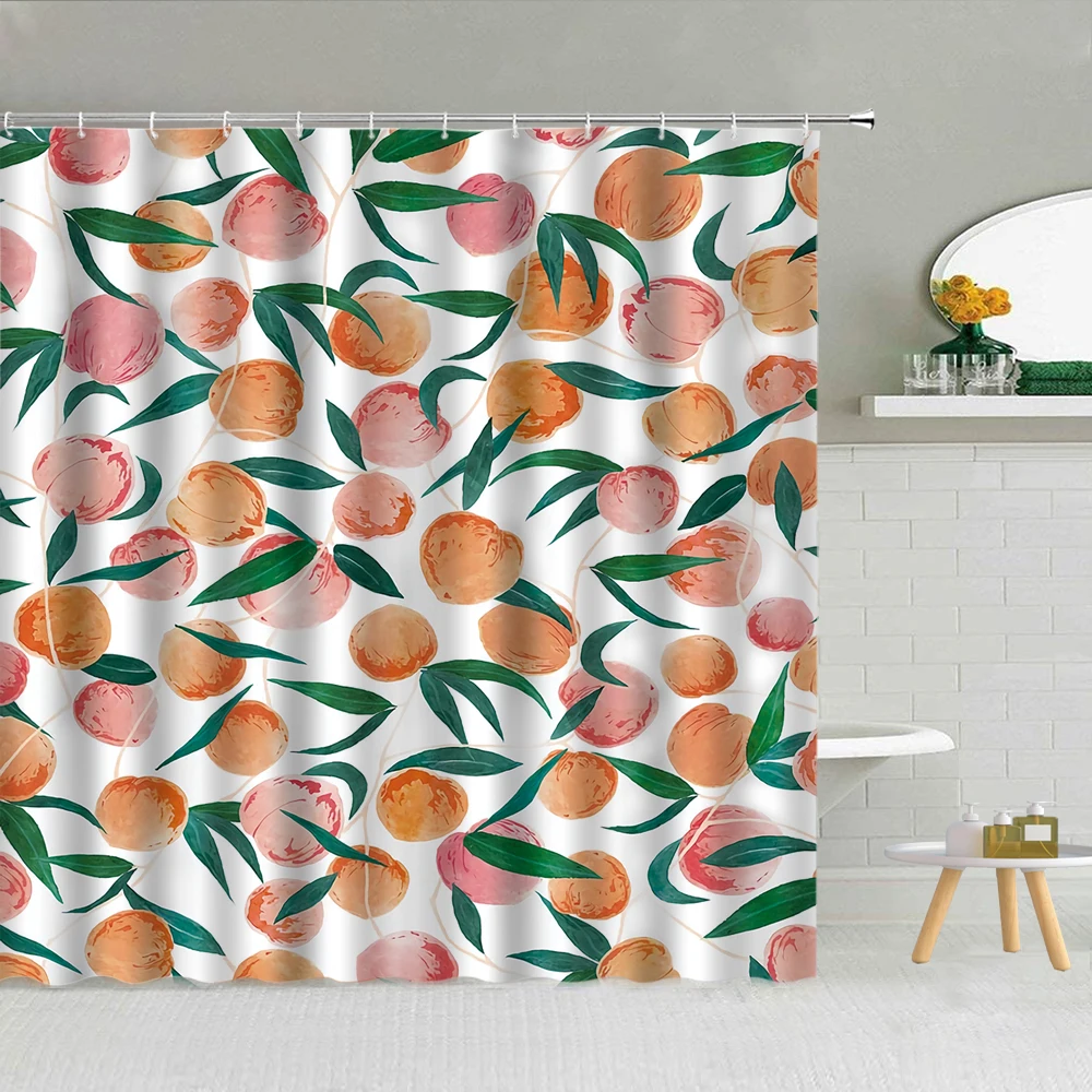 

Fresh Fruit Peach Green Leaves Shower Curtain Banana Pineapple Lemon Flower Bathroom Decor Waterproof Fabric Hooks Curtains Set