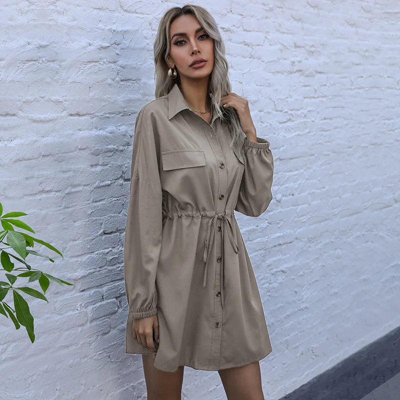 

Bandage Women Shirt Dress Solid Color Turn Down Collar Long Sleeve Casual Robe Femme Vestidos Y2135A