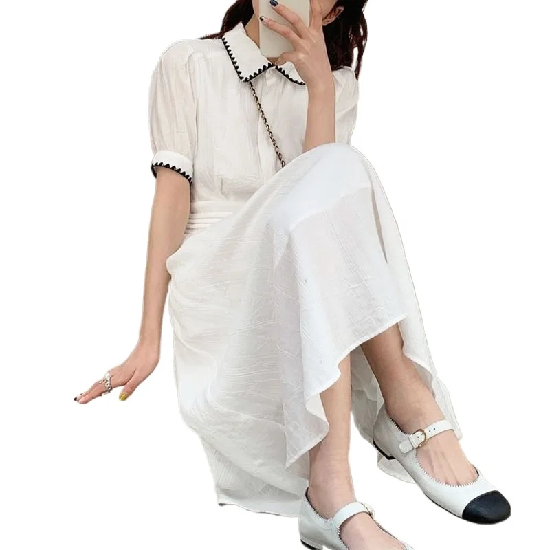 

One Piece Dress Korean Short Sleeve Basic Casual Dresses Women Elegant Vintage Midi Dress Evening Office Lady 2021 Summer Chic