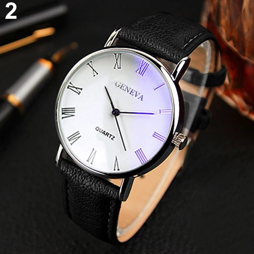 

Men Watch Roman Numerals Blu-Ray Faux Leather Band Quartz Analog Business Wrist Watch montre homme