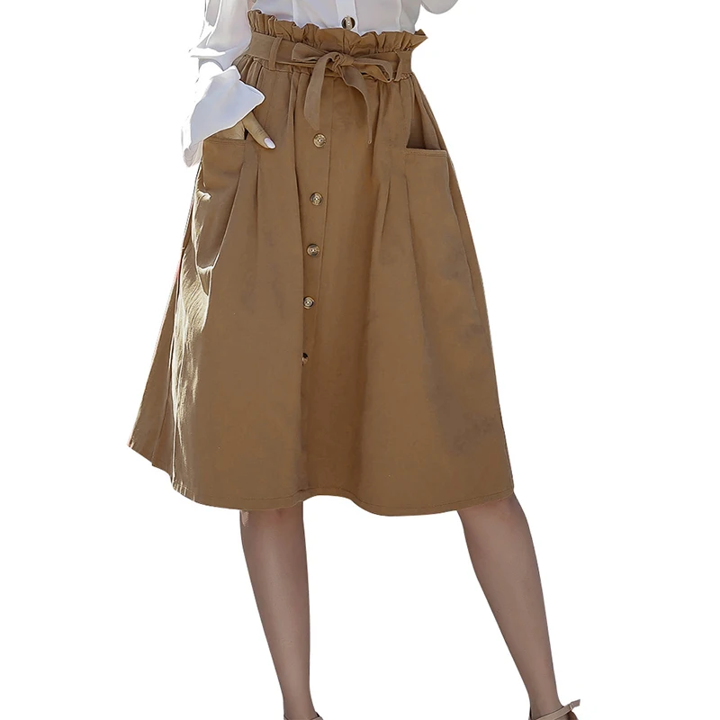 Fashion Women Casual Skirt Frily Ruffles High Waist Skirts For Woman Button Design Solid Color Bowknot Plus Size | Женская одежда