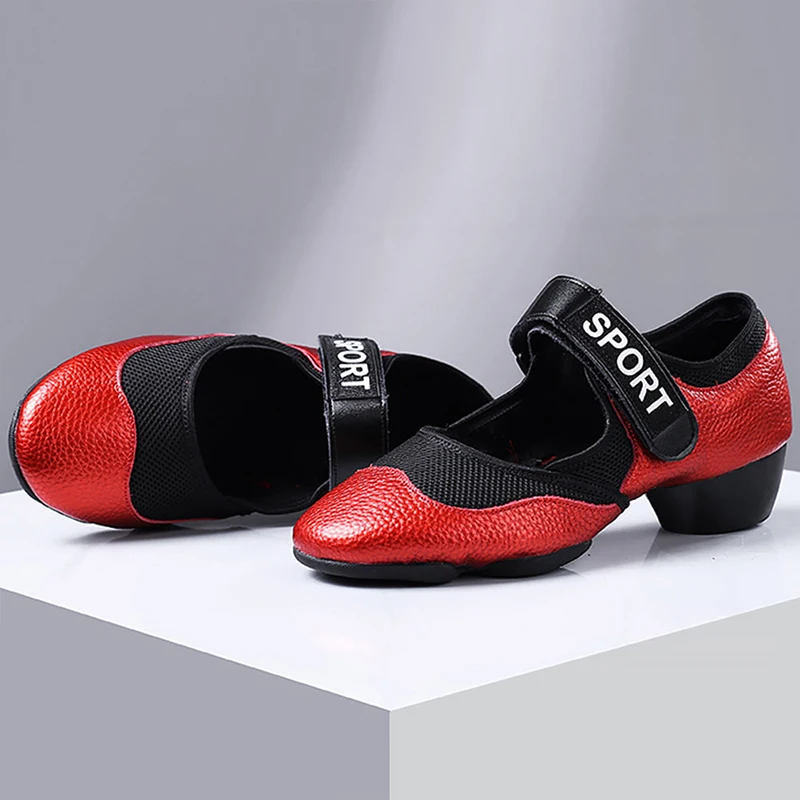 Dance Shoes For Women Low-heel Soft-soled Shoes Ballroom Dancing Summer Mesh Latin Shoes Breathable Split Sole Red Black Colors