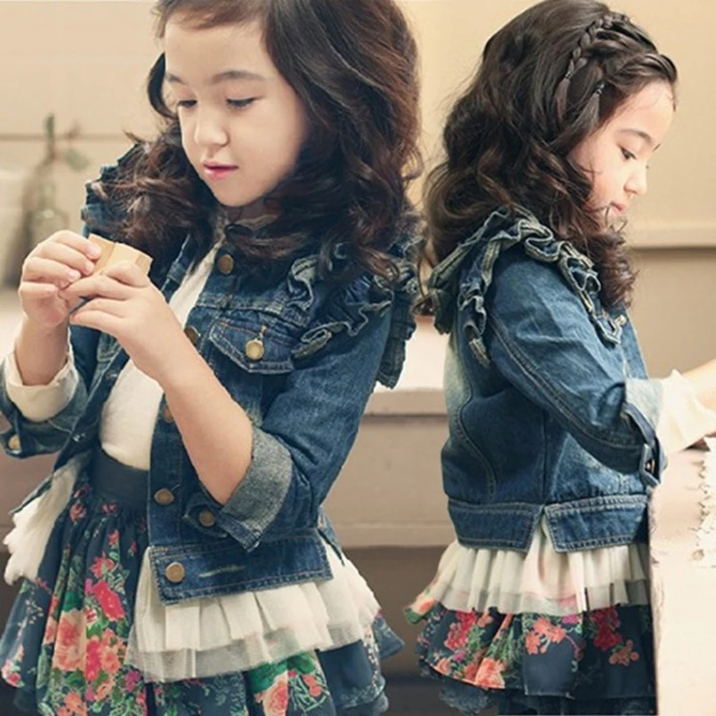 

Spring Female Child butterfly Sleeve denim Outerwear cardigan ruffle hem Cowboy Jackets Autumn baby/Child/girls/Coats