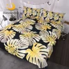 BlessLiving Modern Tropical Leaf Bedding Set Gold Monstera Leaves Shiny Pattern Duvet Covers Summer Floral Bed Set Black White 1