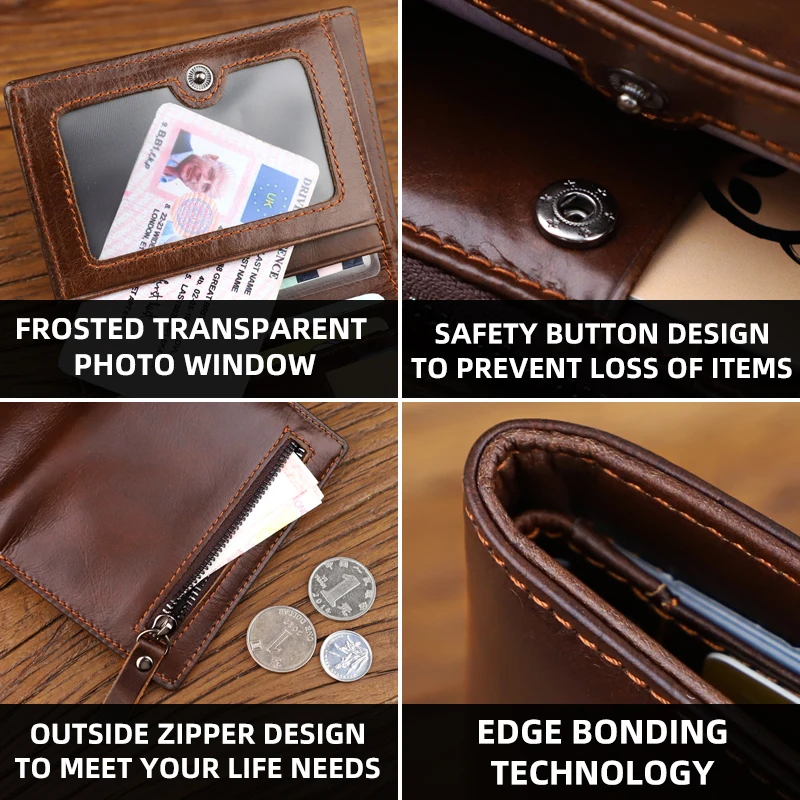 Genuine Leather Men's Wallet Handmade Card Holder Short Wallet With Zipper Coin Pocket Portable Fold Short Wallets