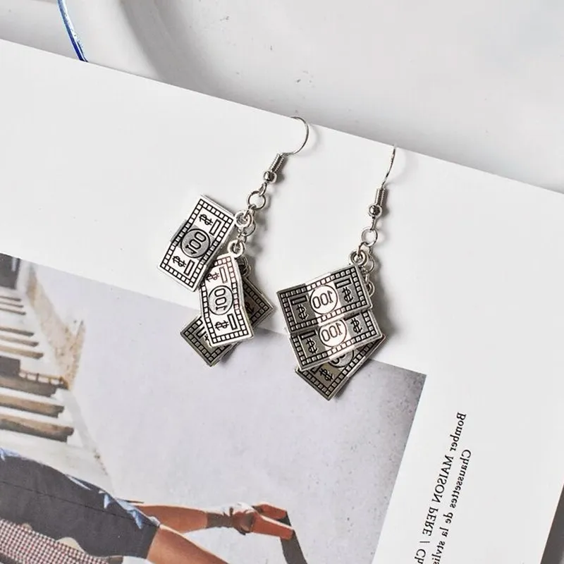 

Ins Punk Design Earrings Female Niche Retro Dollar Bill Earrings Korean Students Temperament Personality Slim Earrings