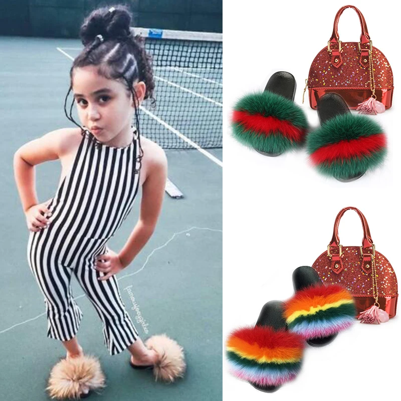 

Kids Plush Slippers Fashion Shell Bag Warm Plush Sandals Shiny Messenger Bag Child Shoe Bag Set Real Fox Fur Slides mini Purse
