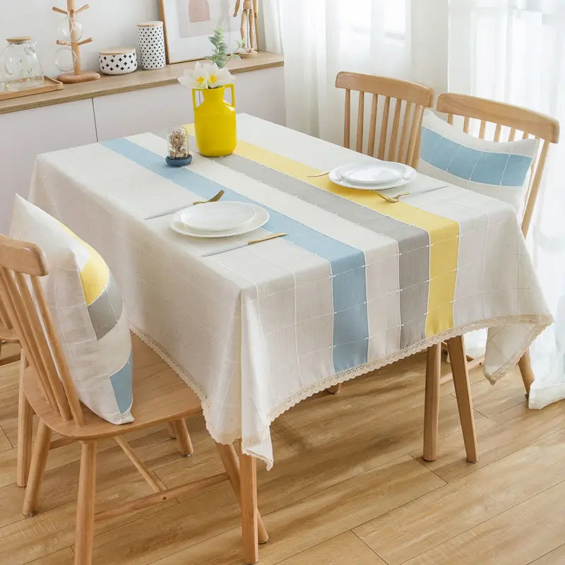 

Tablecloth Rectangular 140cm Four-tone Stripe Plaid Linen Lace Tassel Table Cloth Waterproof Coffee Dining Table Cover Square