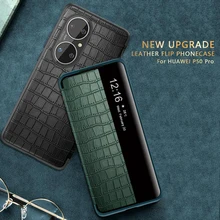 Crocodile Smart View Leather Flip Cover Case For Huawei P50 Pro P40 P30 Window Phone Cover For Mate 40 Pro RS Mate30 Honor Nova