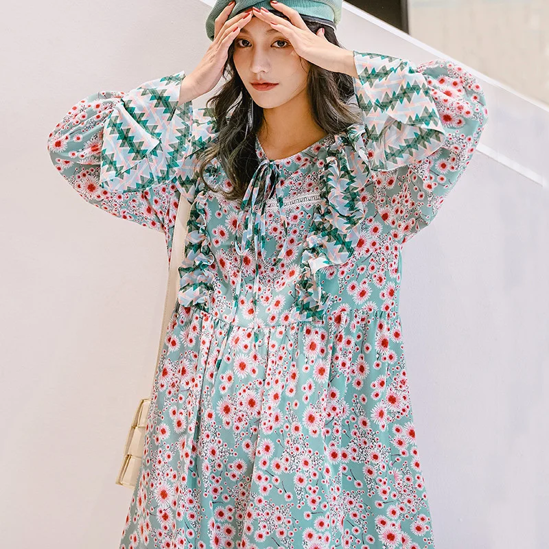 

LANMREM Women Big Size Printing Mid-long Ruffles Dress New Round Neck Long Sleeve Loose Fit Fashion Spring Autumn 2021 2E1569