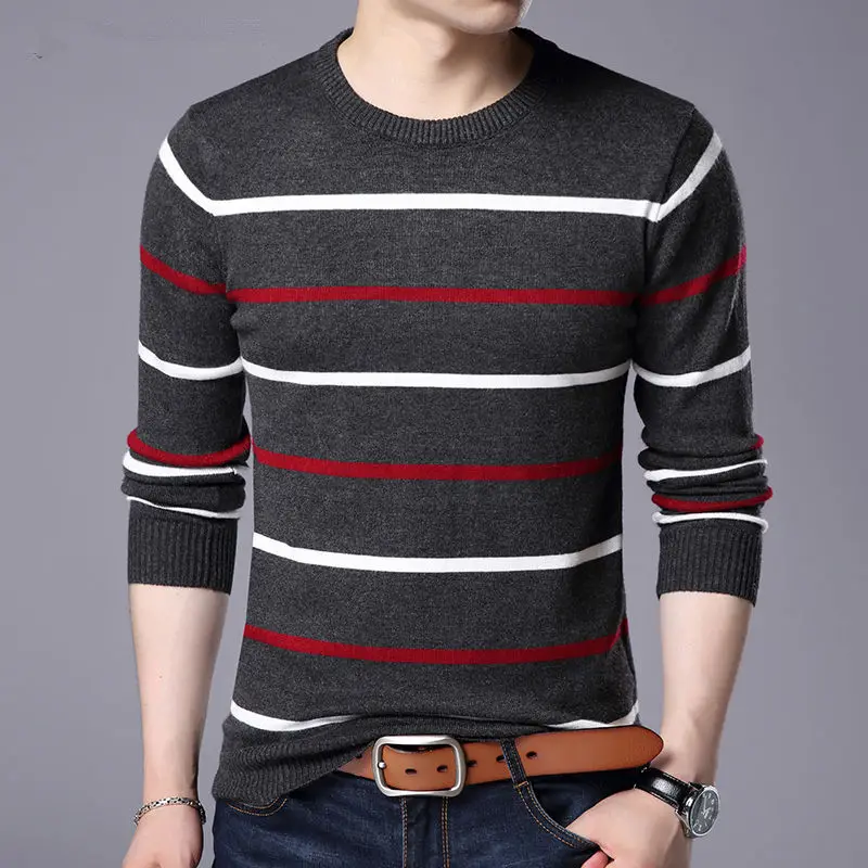 Pullover Men Brand Clothing 2021 Autumn Winter Wool Slim Fit Sweater Casual Striped Pull Jumper Male Clothes Black White Red | Мужская