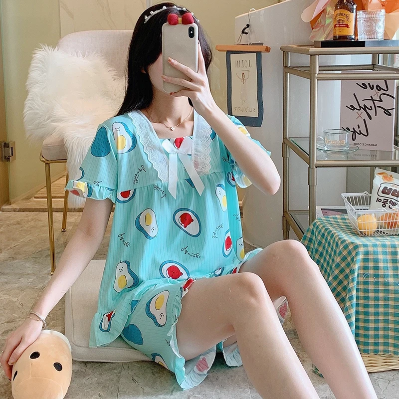 

Womens Cotton Pajamas Pyjamas Set ladies Sleepwear Pijama Suit Female Sleep Two Piece Set Female short sleeved Cute Loungewear