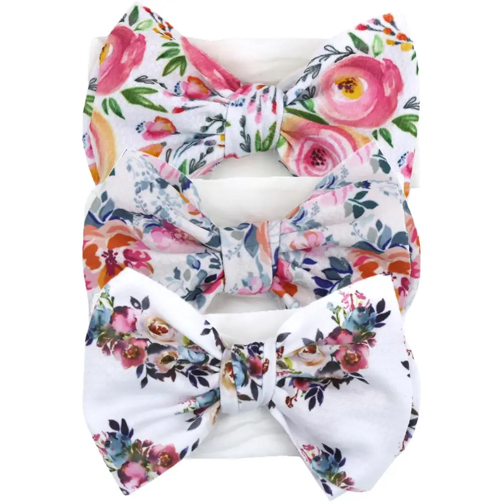 

Flower Print Baby Headband with High Elastic Soft White Wide Nylon Band for Bebe Girls Big Bow Knot Toddler Headwrap Accessories