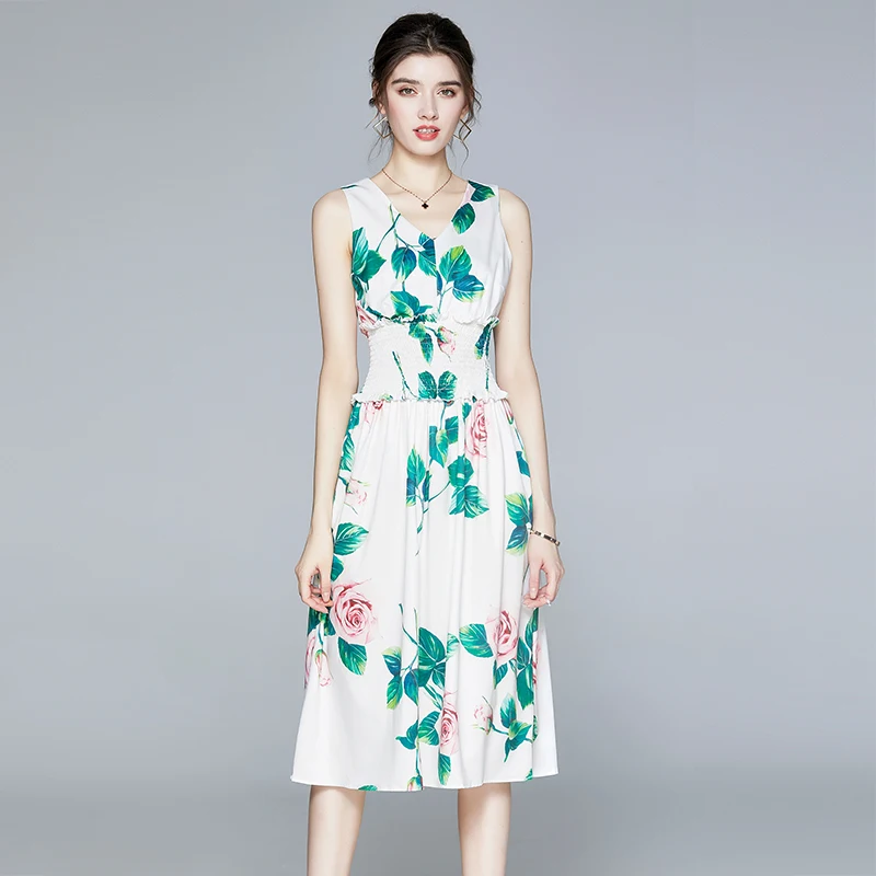 

Runway Fashion Floral Print Dress Summer Clothes Women Elegant Designer V Neck Sleeveless Midi Holiday Robe Femme Party Vestidos