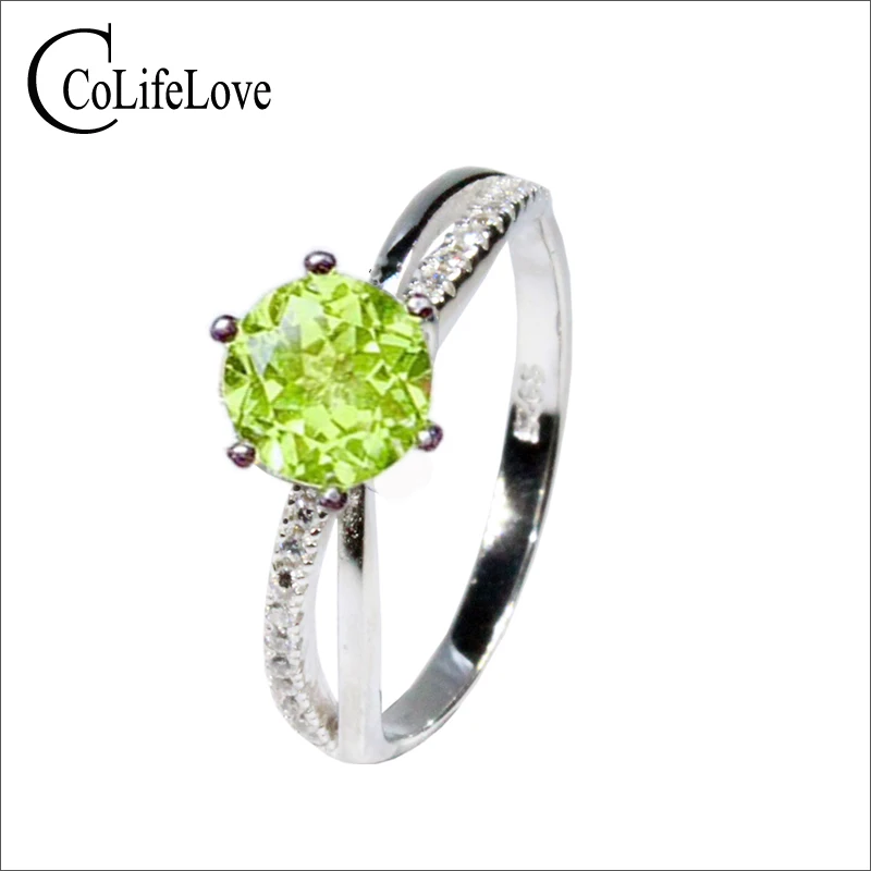 Кольцо из серебра 925 пробы с натуральным Перидотом 6 мм|Кольца| |