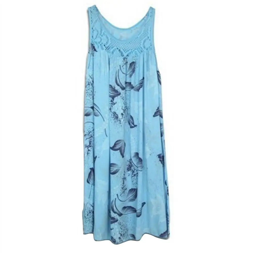 

70% Hot Sell Floral Printed Lace Stitching O-Neck Sleeveless Women Summer Loose Tank Dress