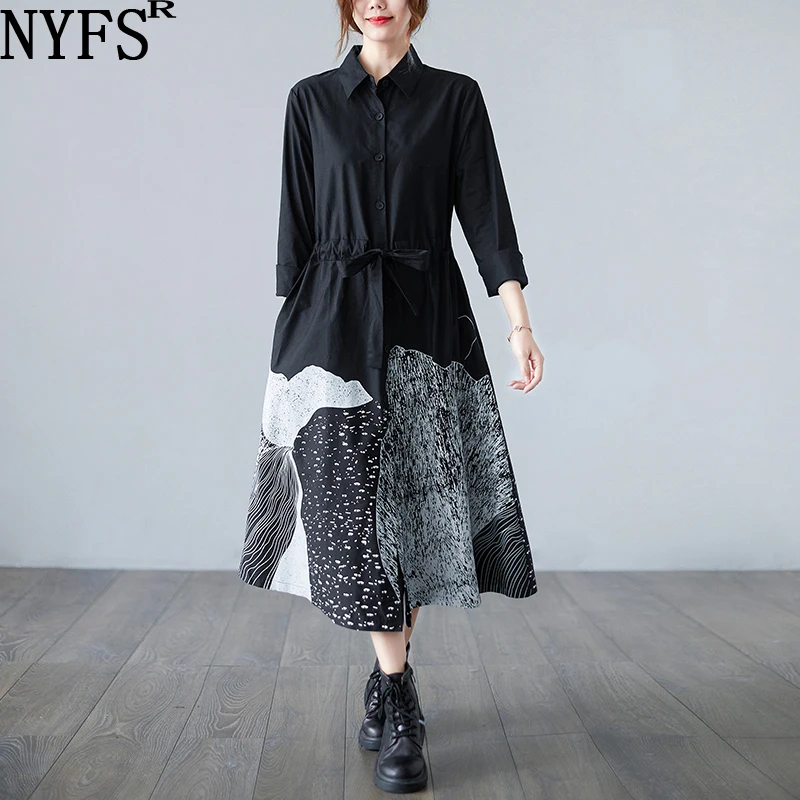 

NYFS 2022 New Spring Autumn Office Lady Loose Woman Dress Vestido De Mujer Robe Elbise Cotton Literary Plus Size Shirt Dresses