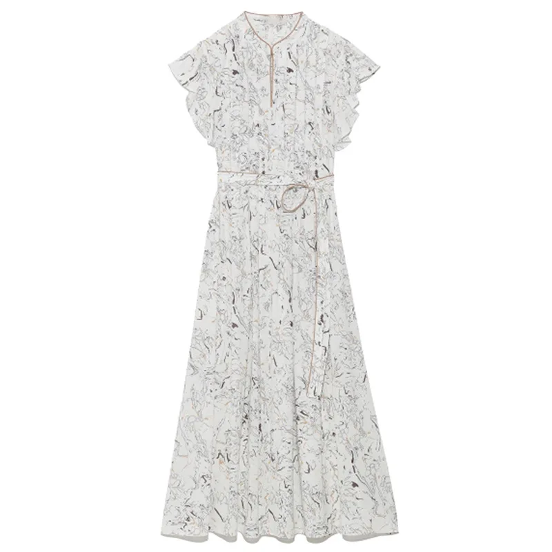 

Japanese Elegant Stand Collar Flying Sleeve Long Japanese Dress Women Pleated Bandage Sweet Summer Dress Chic Print Vestidos