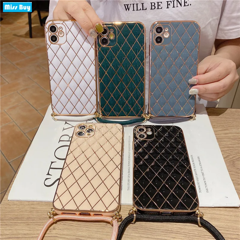 

Plated Geometric Case For Samsung Galaxy S21 Ultra S21 Plus A12 A52 A72 A32 5G A02S F62 M60 M02 Crossbody Lanyard Necklace Cover