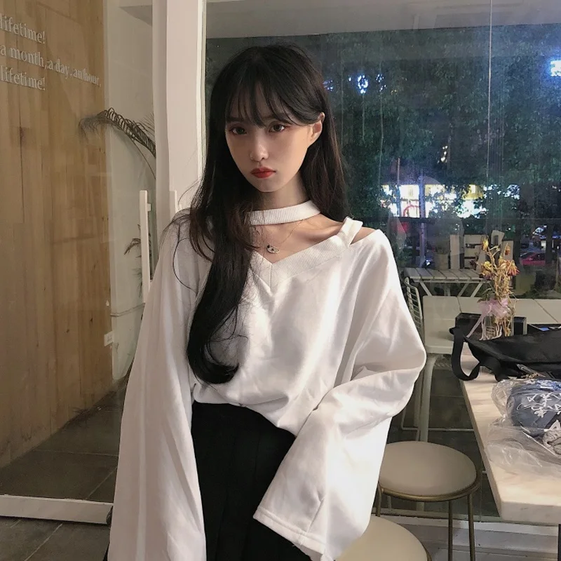 

Sexy Open Shoulder V Neck Women Long Sleeve T Shirts Spring Autumn Thin Korean Fashion Harajuku Elegant Casual Oversized Clothes