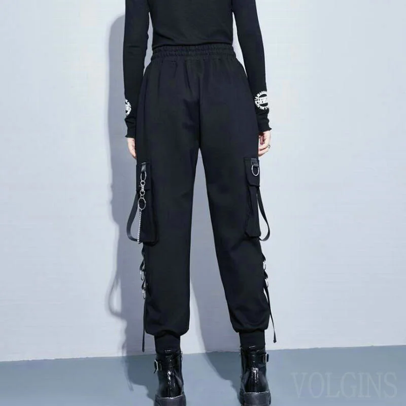 

Streetwear Cargo Pants Women Casual Joggers Black High Waist Loose Female Trousers Korean Style Ribbon Ladies Pants Dropshipping