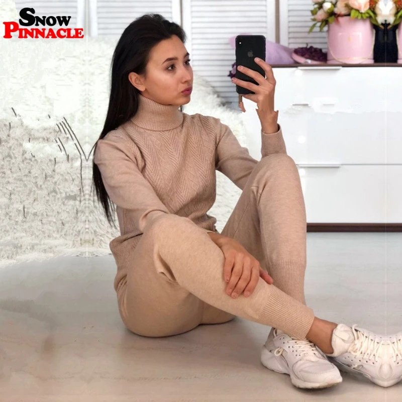 Women sweater suits Knitted tracksuit Autumn winter turtleneck pullovers+ long pants for female knitted customs sets