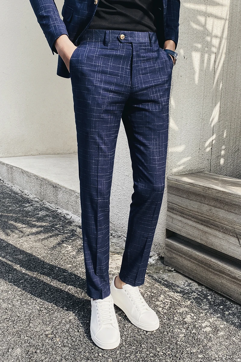 

Classic High Quality Checked Plaid Suit Pants Men Business Casual Dress Pants Brand Korean Slim Fit Street Wear Social Clothing