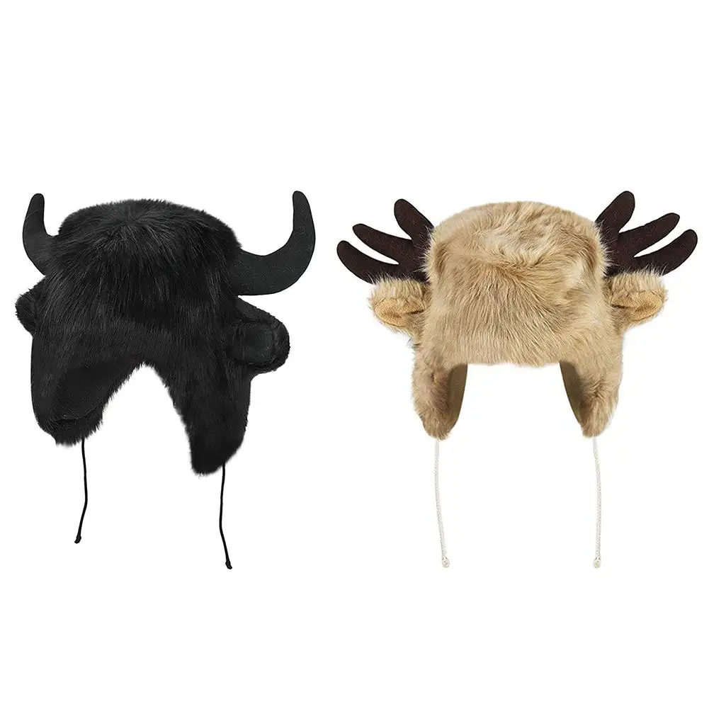 Мужские и женские рога шапки милый искусственный мех зимне наушники шапка