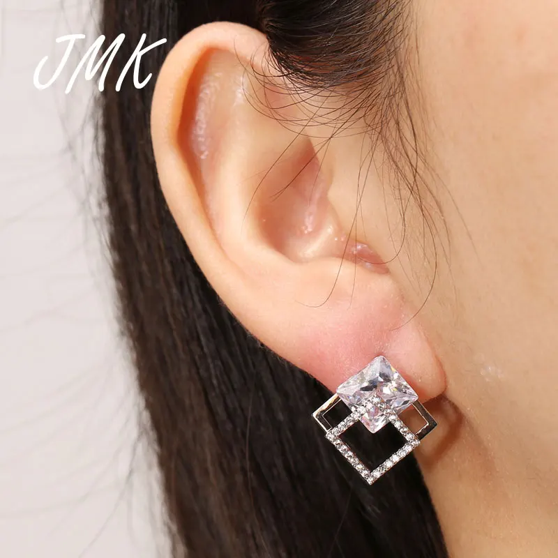 

JMK Trendy Square Stud Earrings Zircon Crystal Silver Gold Geometric Exquisite Simple Fashion Jewelry For Women Lady Party Gift