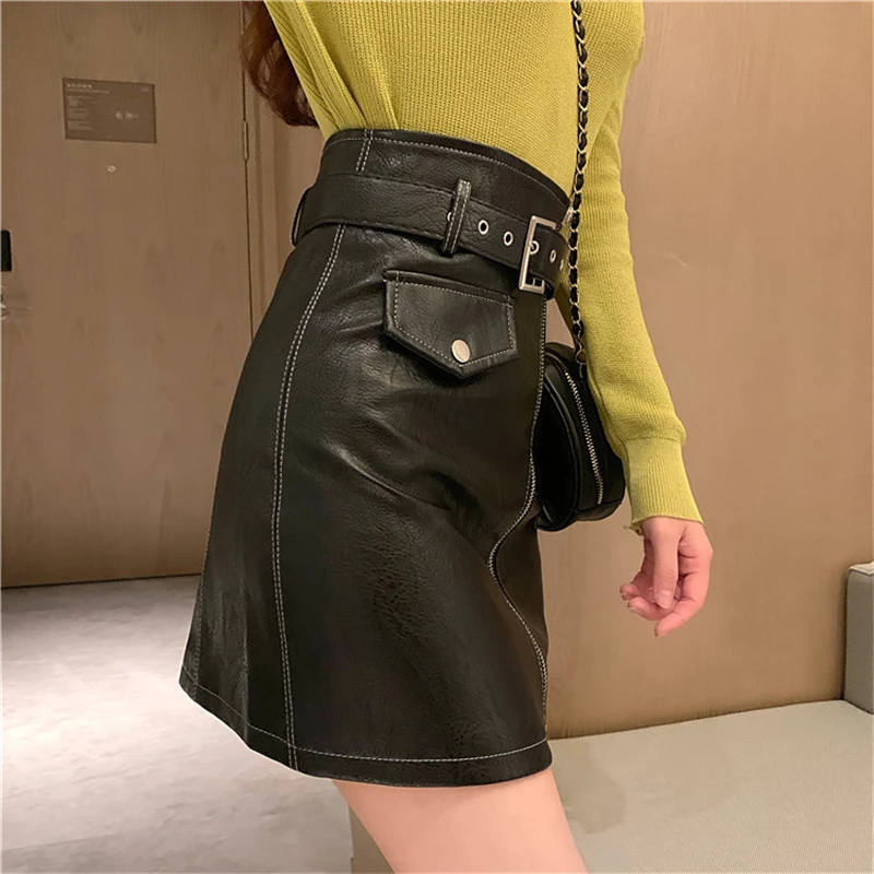 Женская мини-юбка из ПУ кожи с молнией и поясом | одежда
