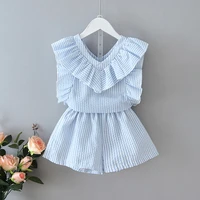 2021 new childrens set summer sleeveless striped ruffled top shorts two piece toddler girl clothes set