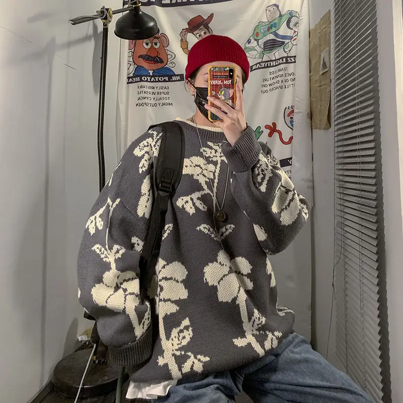 

Winter Flower Sweater Men's Fashion Retro Casual Knit Pullover Men Streetwear Loose Korean Knitting Sweaters Mens Clothes M-2XL