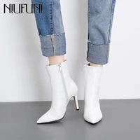 niufuni fashion ankle boots high heels sexy pointed toe women pumps fashion pu leather boots autumn 2019 woman shoes black white