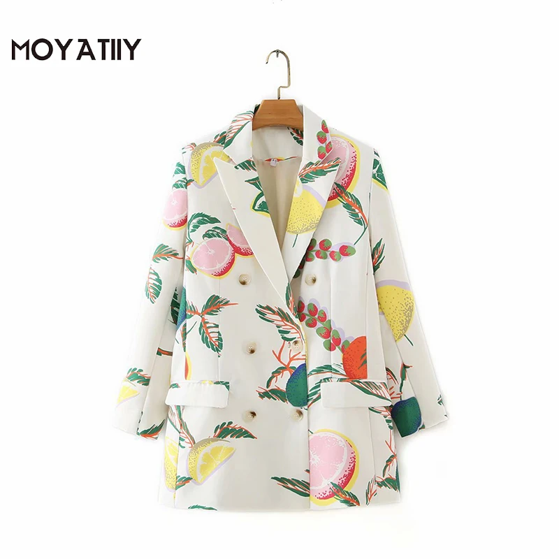 

MOYATIIY Women Fashion Fruit Print Blazer Coat Casual Style Double Breasted Long Sleeve Overcoats Office Wear Female Tops