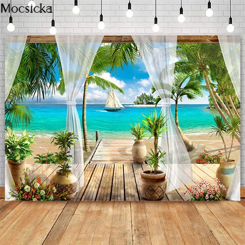 

Tropical Beach Background Palm Leaves Ocean Island Seaside Scene Summer Wedding Photography Backdrops Banner Photo Booth Props