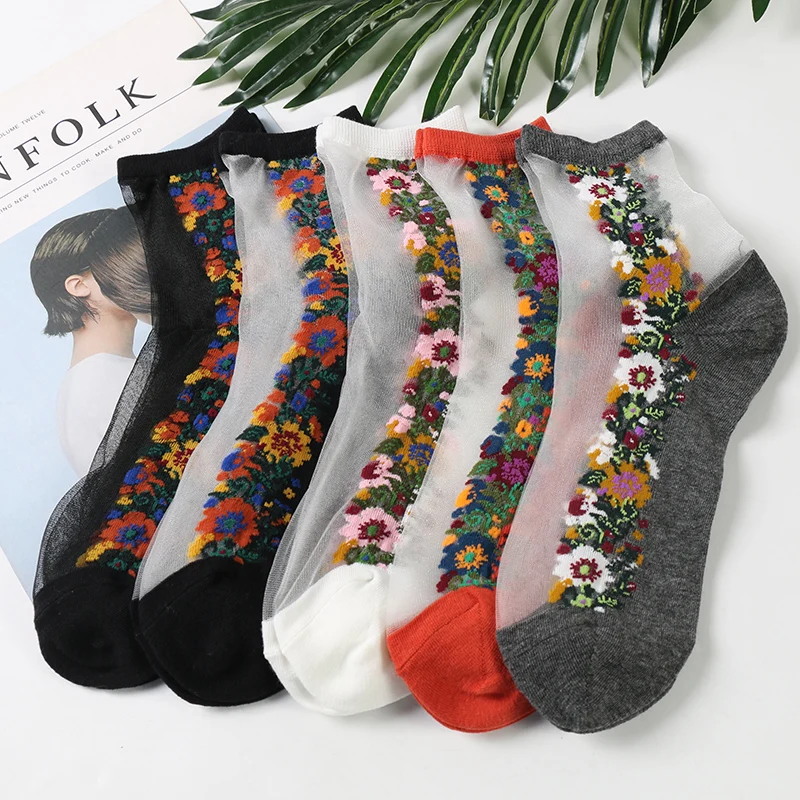 5 Pairs/Lot National Style Summer Women Thin Socks Femme Colorful Daisy Flowers Tube Meias Female Breathable Cotton Short Bas